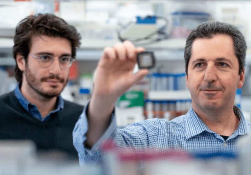 Prof.-Yaakov-Nahmias e Aaron-Cohen com o chip - Foto: Hebrew University/Divulgação